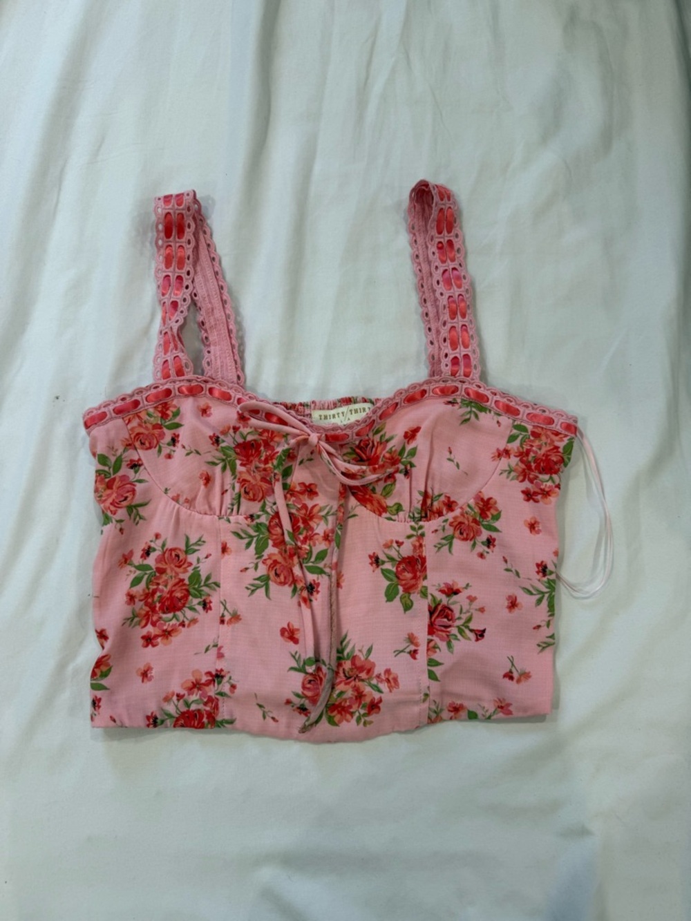 Pink Floral Lace-Trim Tie-Front Crop Camisole
